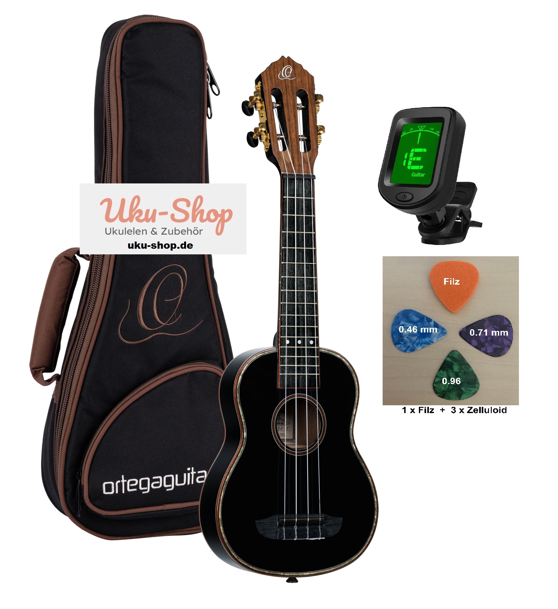 Sopran Ukulele 21" Ortega schwarz mit GigBag-Stimmgerät + Plektren Sopran Ukulele 21" Ortega schwarz mit GigBag-Stimmgerät + Plektren