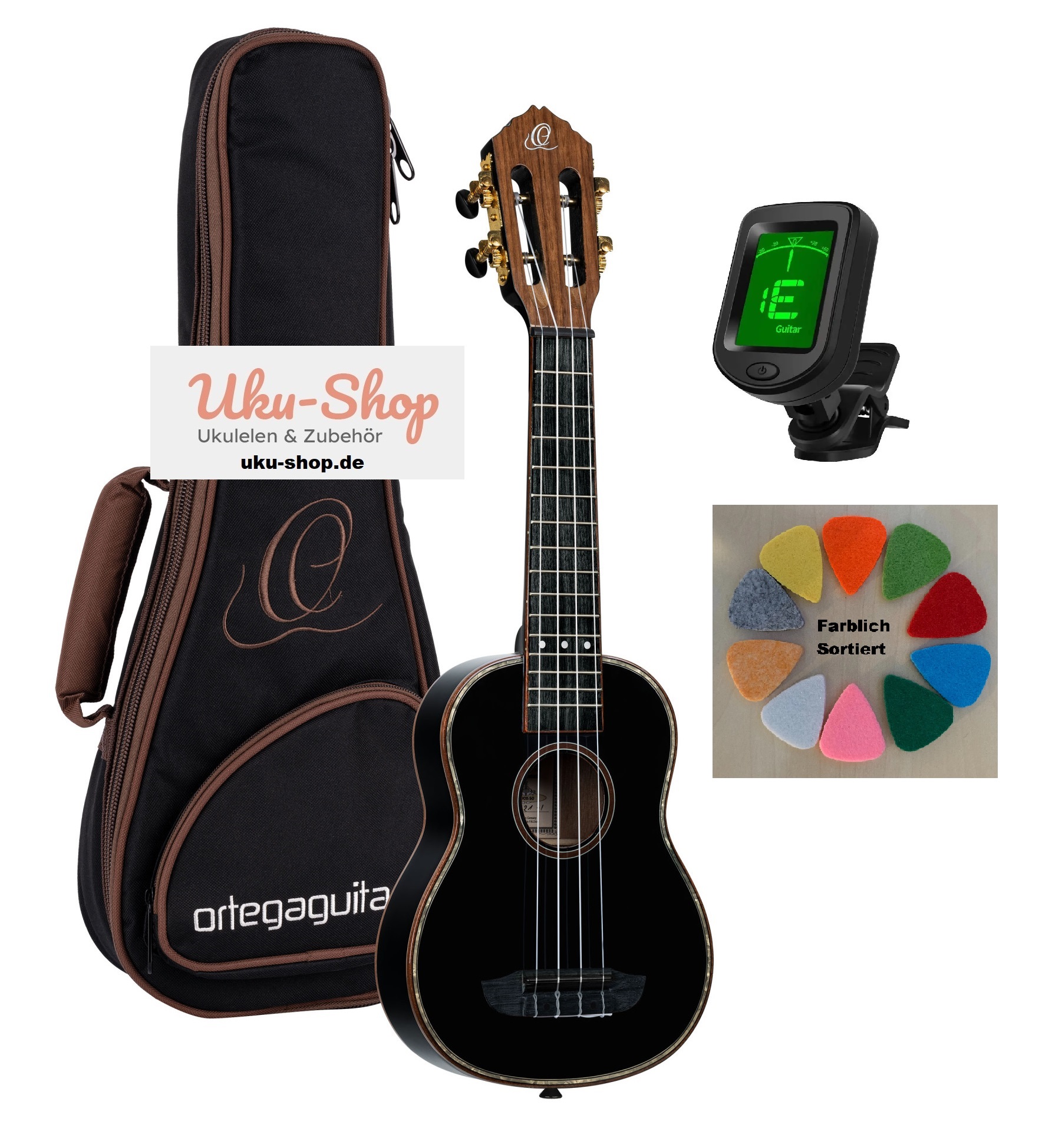 Sopran Ukulele 21" Ortega schwarz mit GigBag-Stimmgerät + Plektren Sopran Ukulele 21" Ortega schwarz mit GigBag-Stimmgerät + Plektren