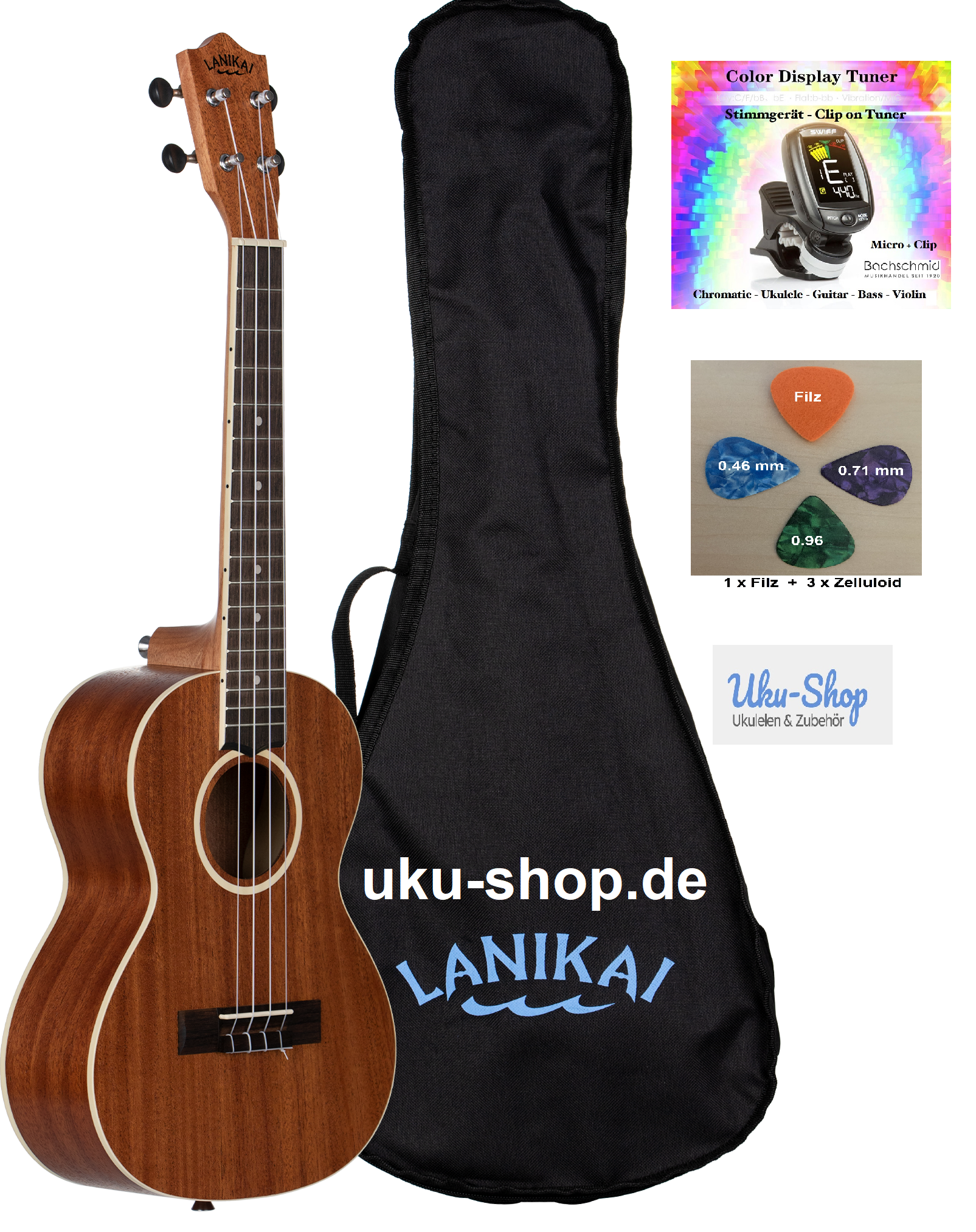 Lanikai Tenor Ukulele mit Gigbag-Plektren+Stimmgerät mit Farbdisplay Lanikai Tenor Ukulele mit Gigbag-Plektren+Stimmgerät mit Farbdisplay