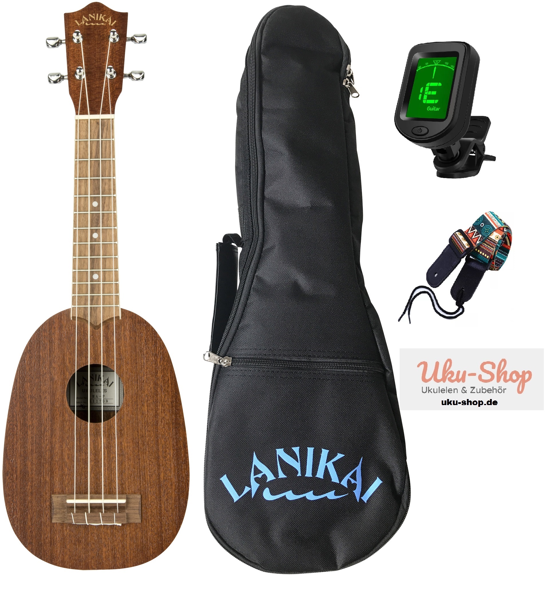 Lanikai Sopran Ukulele 21" Pineapple mit Gigbag-Stimmgerät + Gurt Lanikai Sopran Ukulele 21" Pineapple mit Gigbag-Stimmgerät + Gurt