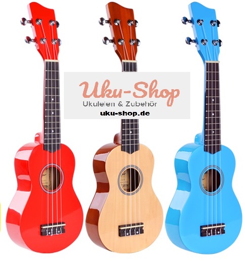 3 x Sopran Ukulele - rot blau natur - Sonderpreis