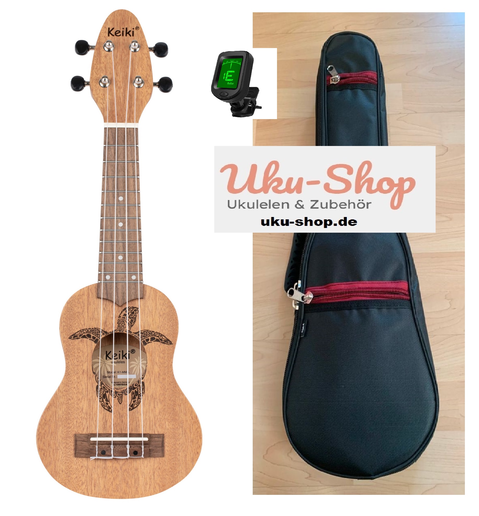 Sopranino Linkshänder Ukulele mit Zubehör