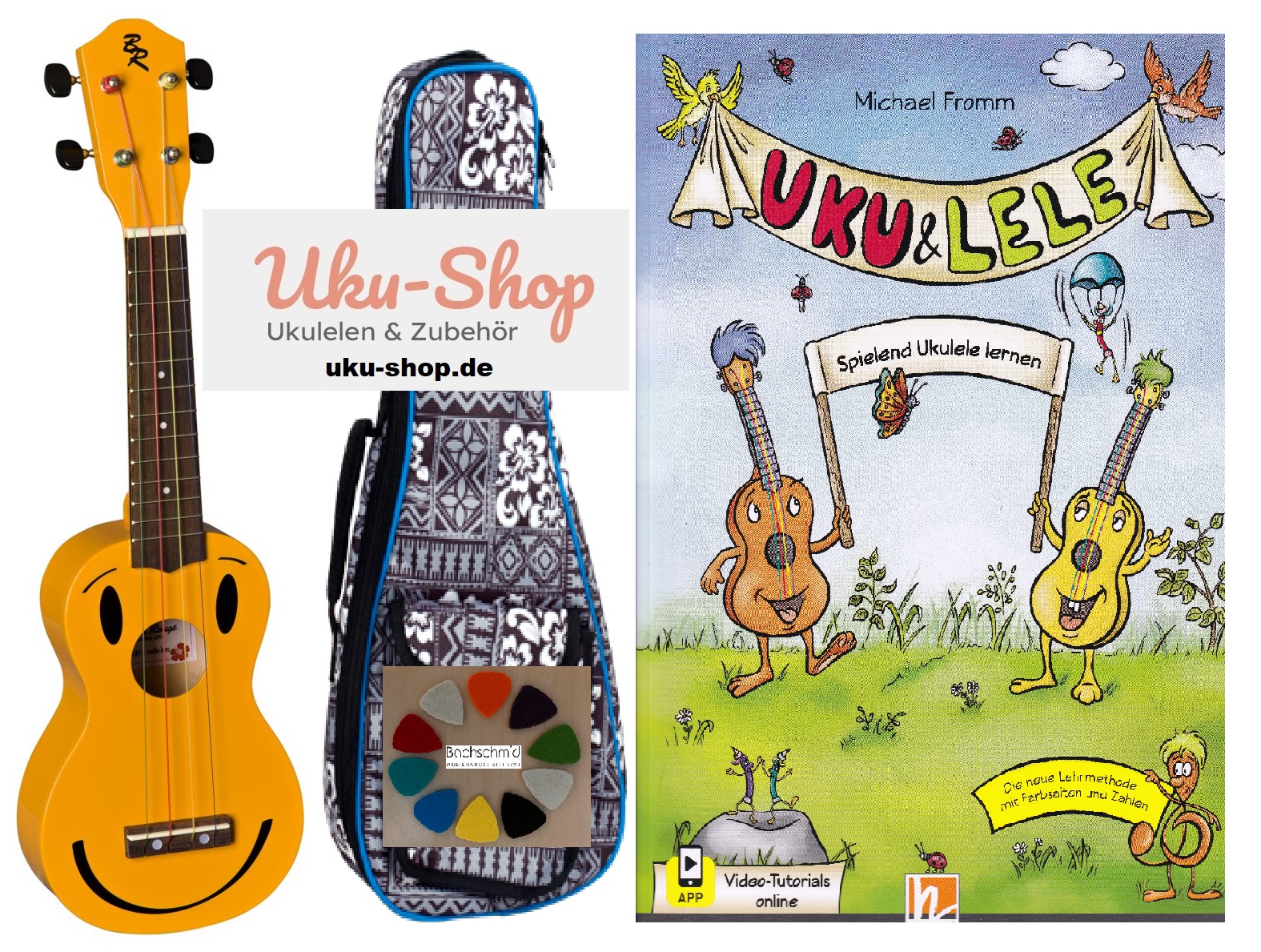 Sopran Ukulele mit Farbsaiten + Gigbag + Notenheft + Filzplektren