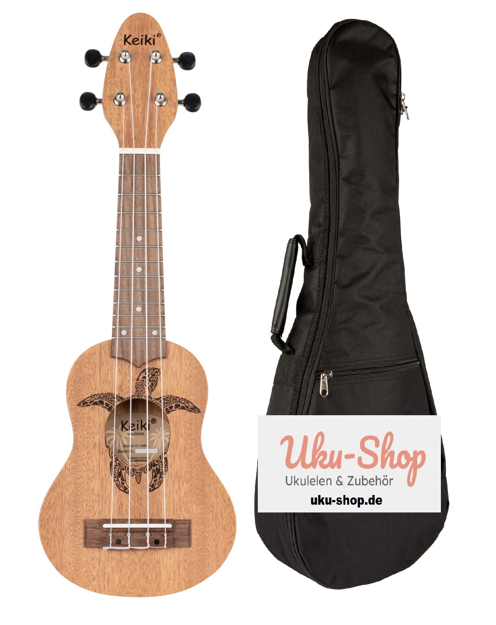 Sopranino  Rechtshänder - Ortega Keiki - Ukulele Natur mit Tasche/Gigbag geplstert - Rucksackmodell