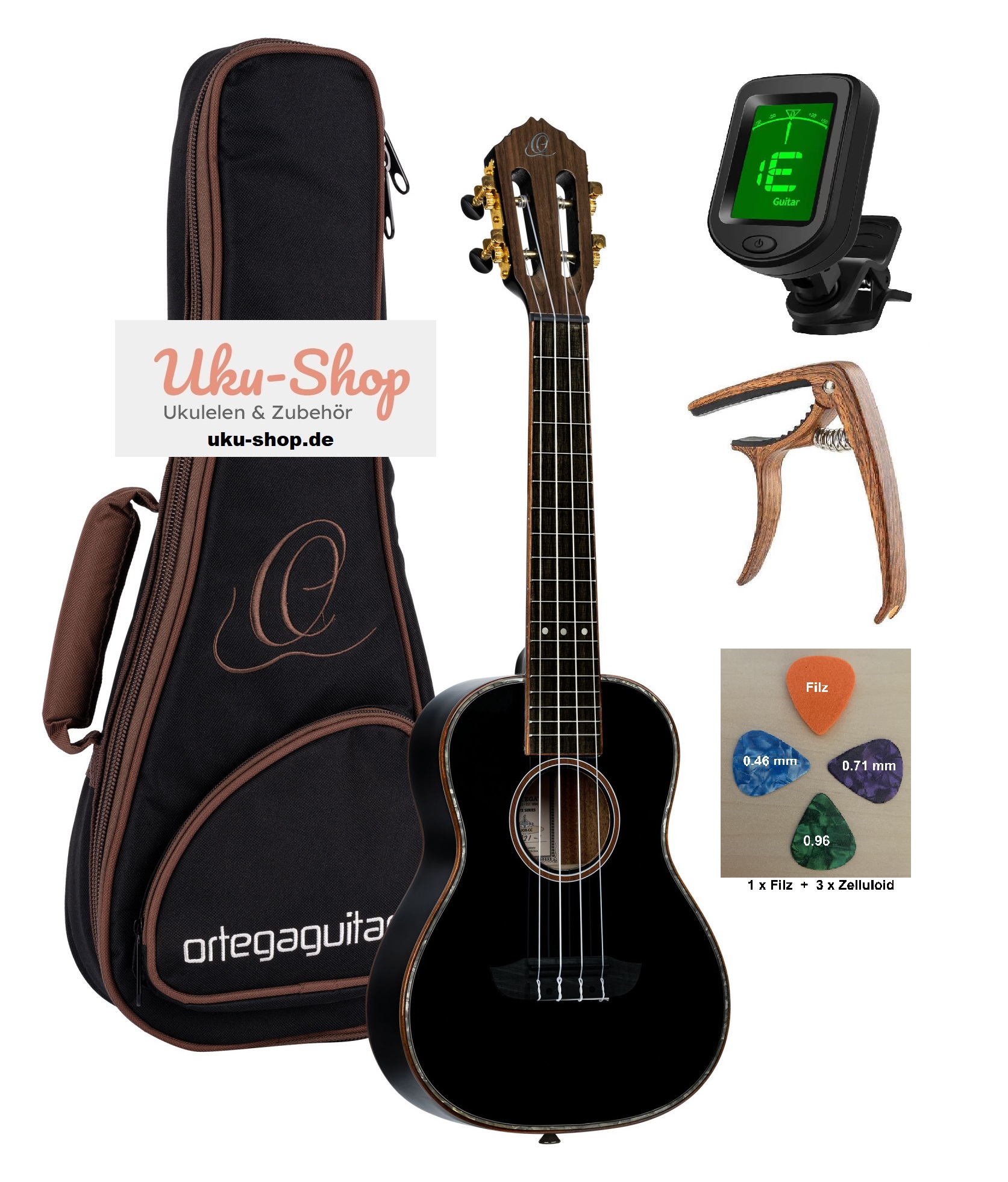 Ortega Konzert Ukulele mit Gigbag-Stimmgerät-Kapodaster und Plektren Ortega Konzert Ukulele mit Gigbag-Stimmgerät-Kapodaster und Plektren
