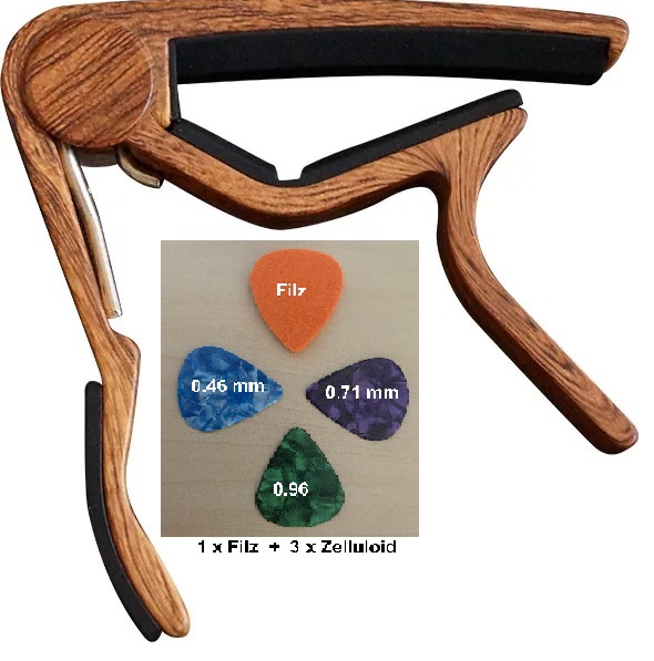 Kapodaster für Ukulele - Holzfarbe  mit Plektren