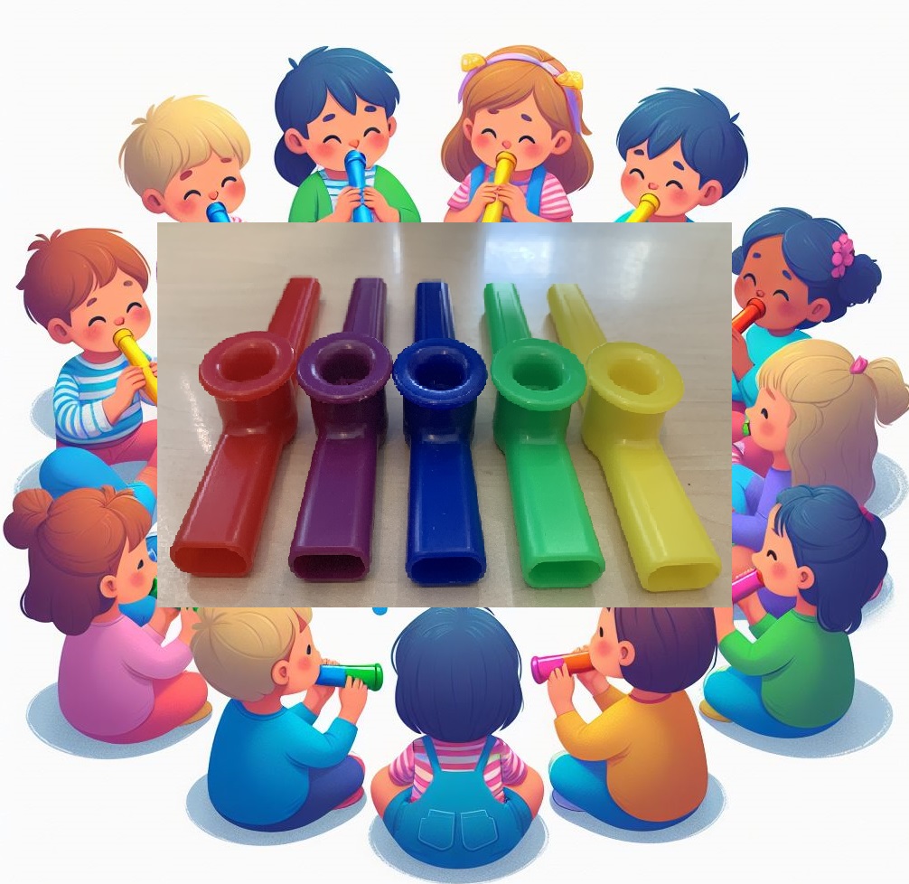 5 x Kazoo aus Kunststoff in: Grün-Gelb-Rot-Blau-Lila