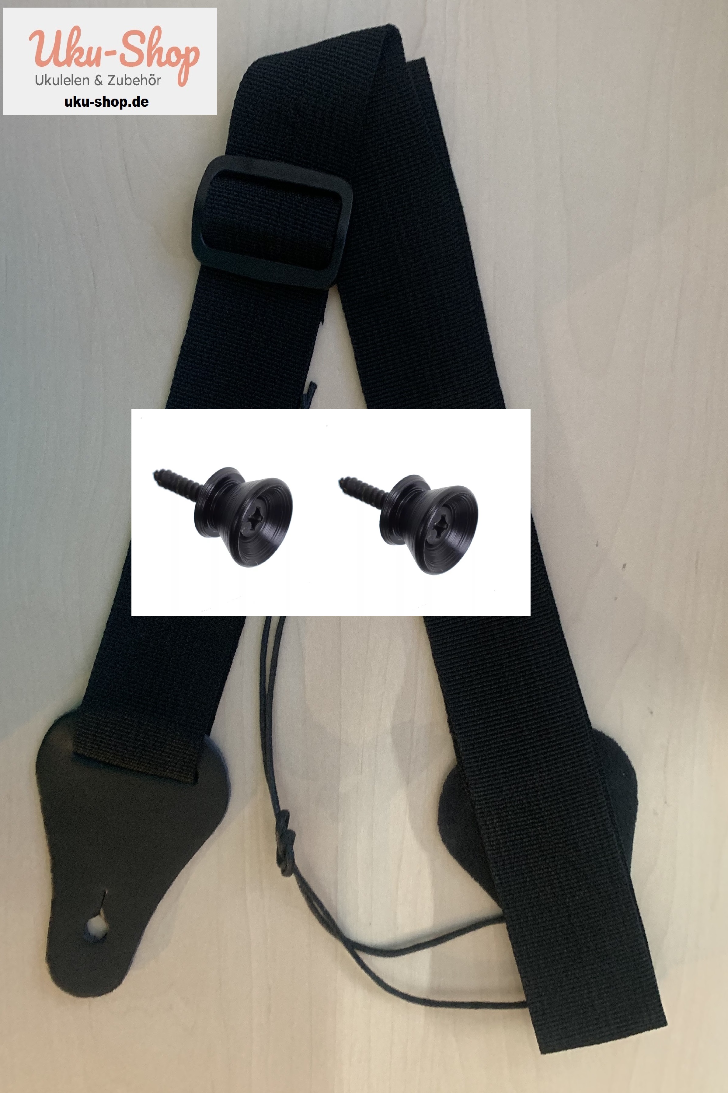 Ukulelen Gurt schwarz 4 cm breit mit 2 Gurtpins schwarz