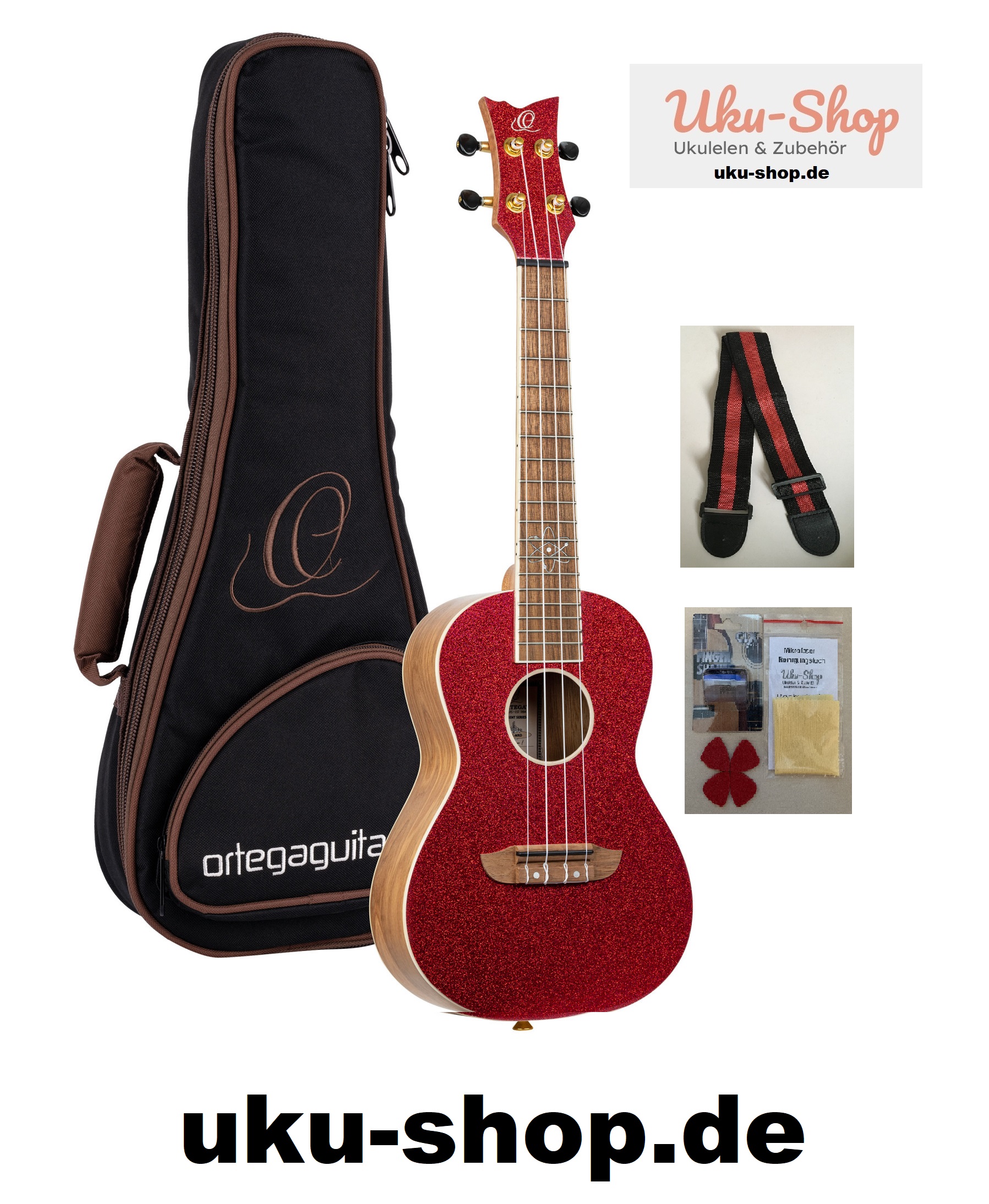Ortega Konzert Ukulele metallic Rot mit Gigbag und Zubehör zum Sonderpreis
